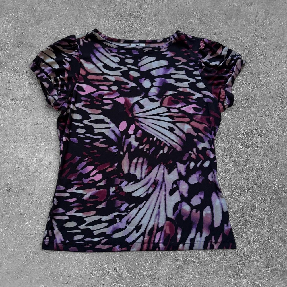 Worthington Purple Black Butterfly Print Top Petite Medium PM Short Sleeve Y2K